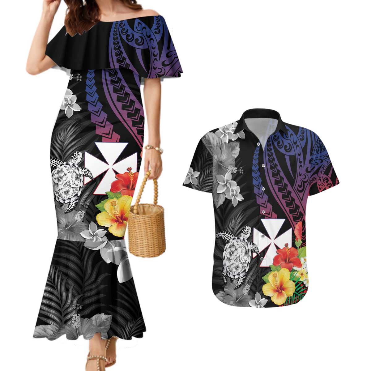Wallis and Futuna Bastille Day Couples Matching Mermaid Dress and Hawaiian Shirt Tropical Turtle Hibiscus Polynesian Pattern