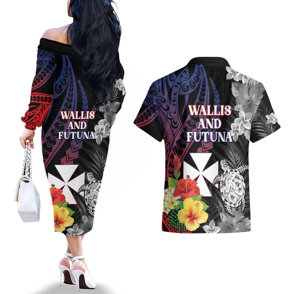 Wallis and Futuna Bastille Day Couples Matching Off The Shoulder Long Sleeve Dress and Hawaiian Shirt Tropical Turtle Hibiscus Polynesian Pattern