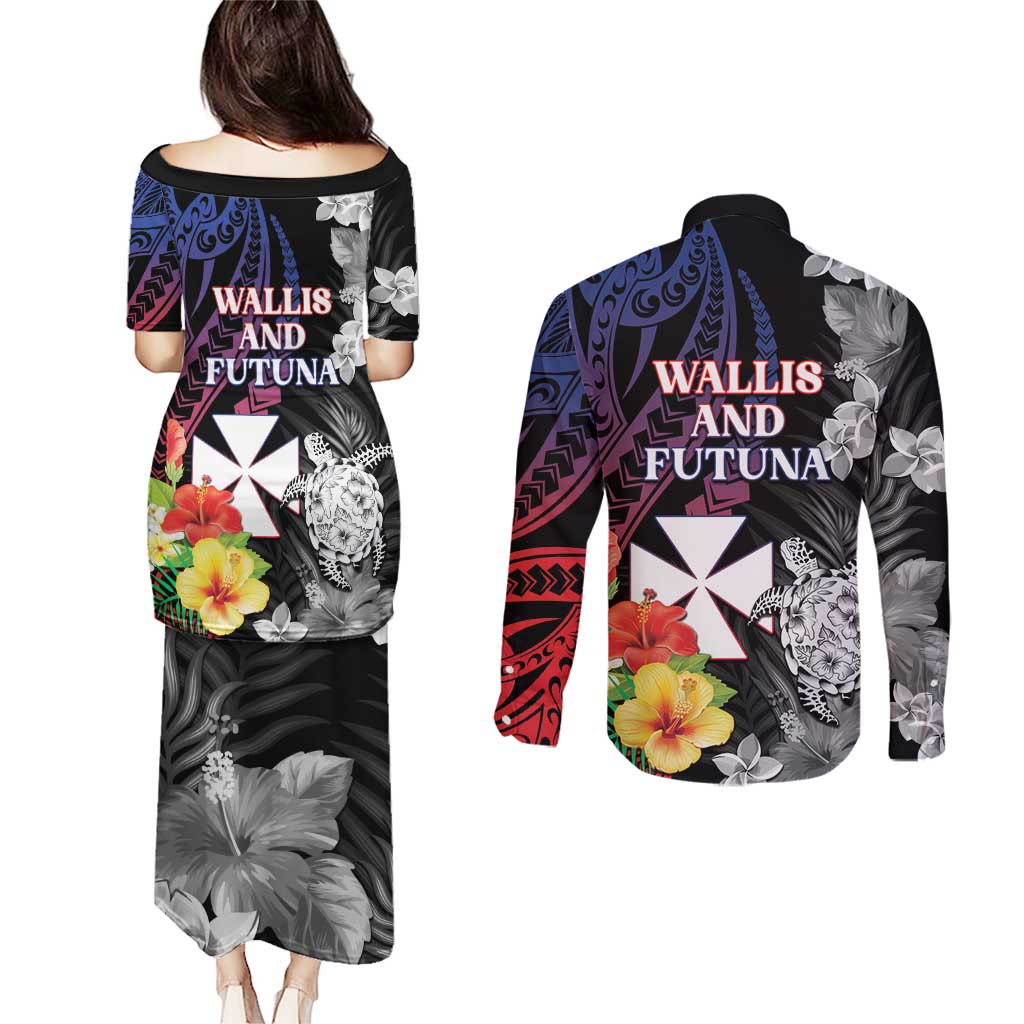 Wallis and Futuna Bastille Day Couples Matching Puletasi and Long Sleeve Button Shirt Tropical Turtle Hibiscus Polynesian Pattern
