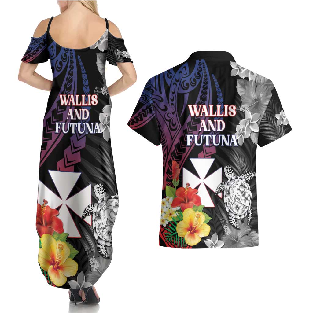 Wallis and Futuna Bastille Day Couples Matching Summer Maxi Dress and Hawaiian Shirt Tropical Turtle Hibiscus Polynesian Pattern