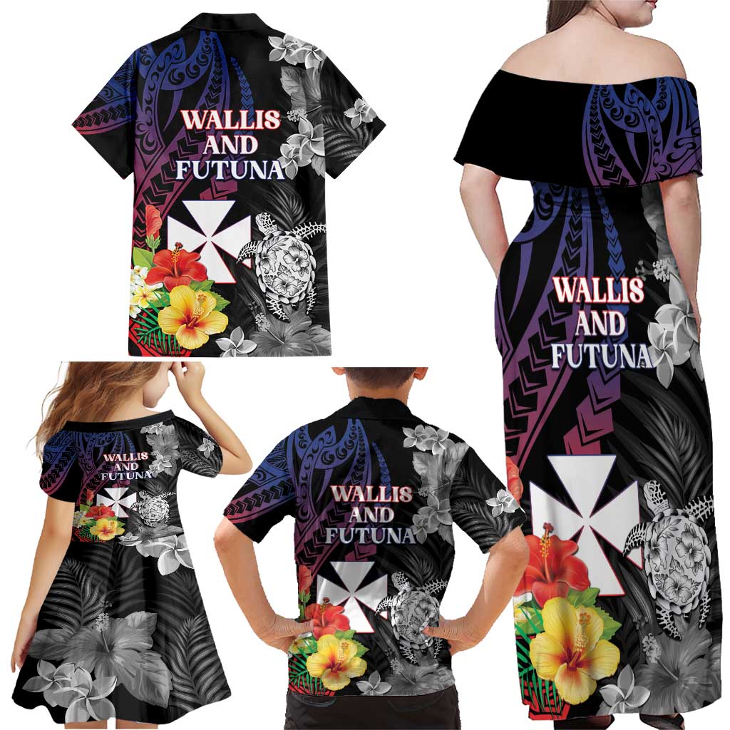 Wallis and Futuna Bastille Day Family Matching Off Shoulder Maxi Dress and Hawaiian Shirt Tropical Turtle Hibiscus Polynesian Pattern