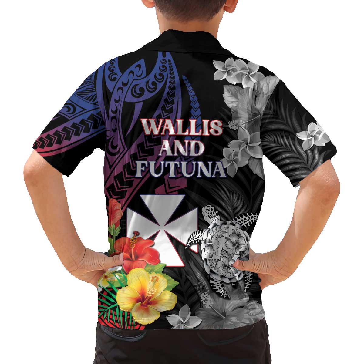 Wallis and Futuna Bastille Day Family Matching Off Shoulder Short Dress and Hawaiian Shirt Tropical Turtle Hibiscus Polynesian Pattern