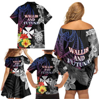 Wallis and Futuna Bastille Day Family Matching Off Shoulder Short Dress and Hawaiian Shirt Tropical Turtle Hibiscus Polynesian Pattern