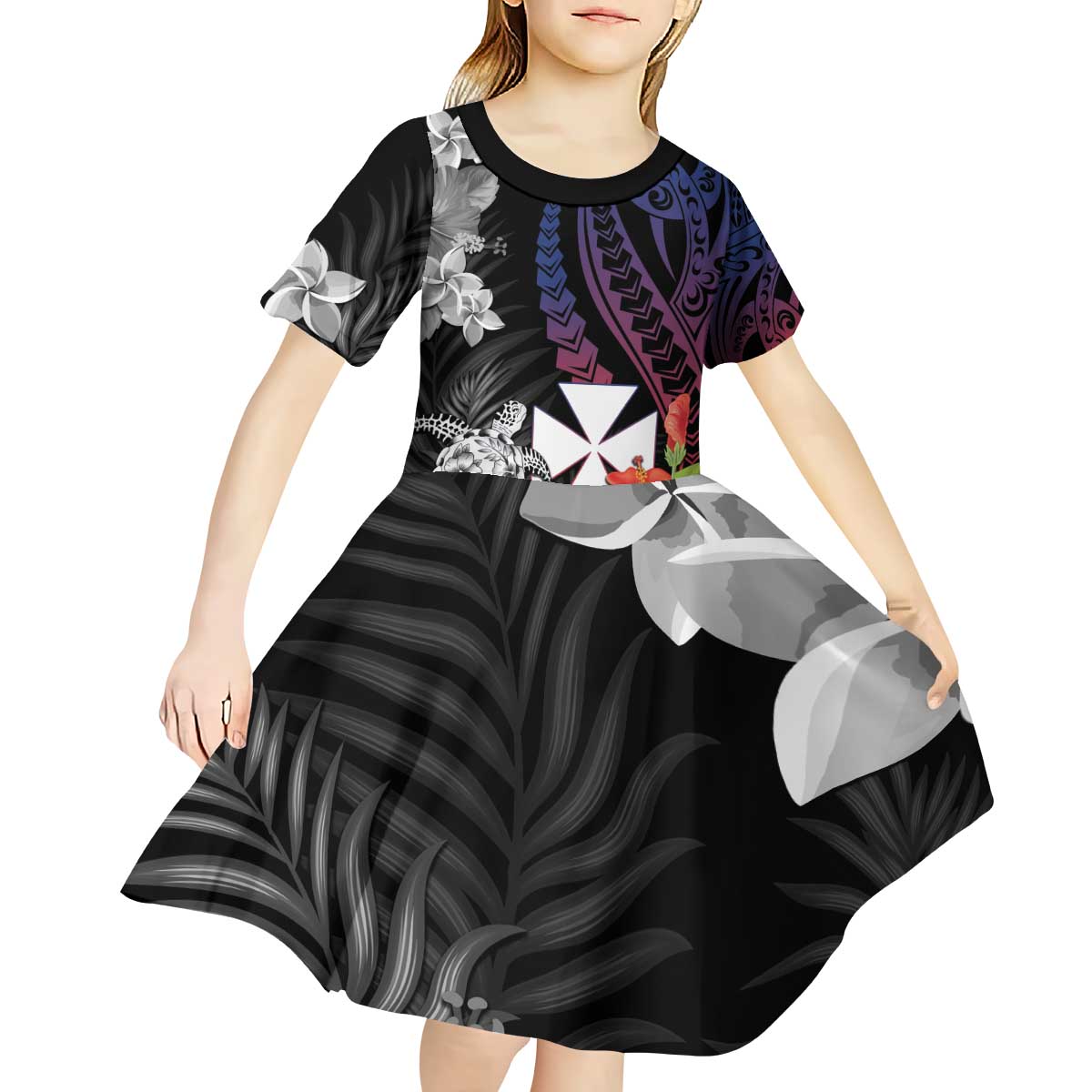 Wallis and Futuna Bastille Day Kid Short Sleeve Dress Tropical Turtle Hibiscus Polynesian Pattern