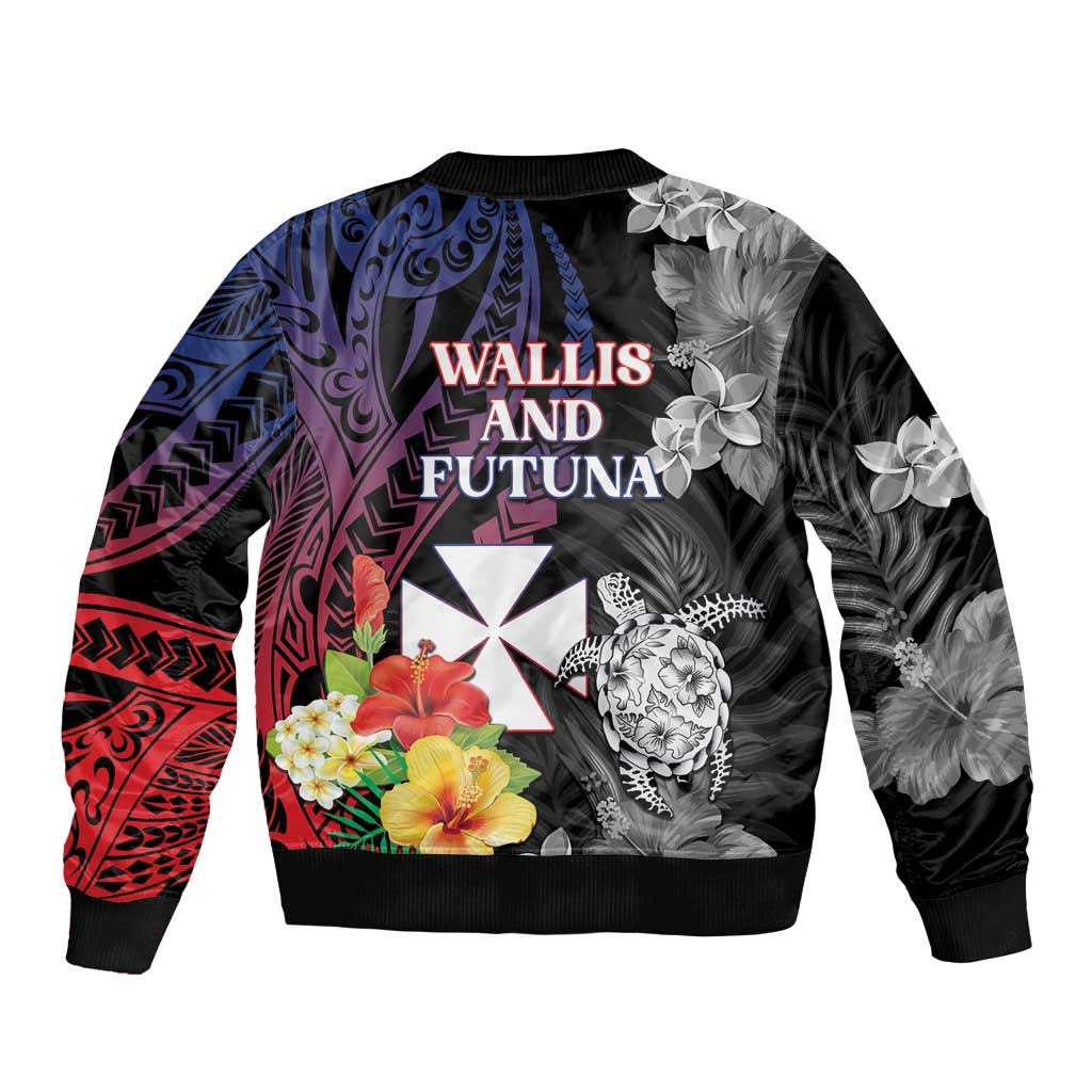 Wallis and Futuna Bastille Day Sleeve Zip Bomber Jacket Tropical Turtle Hibiscus Polynesian Pattern