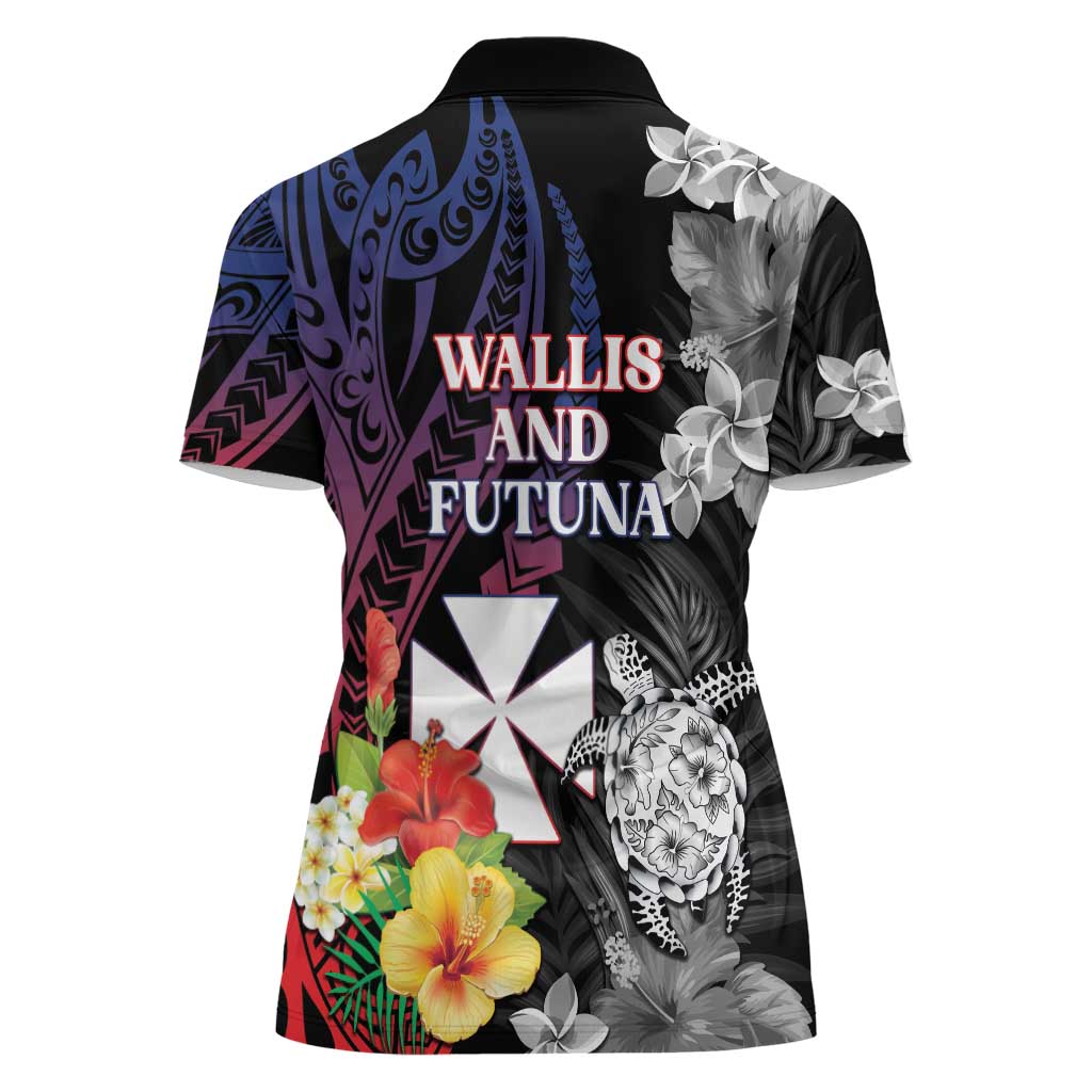 Wallis and Futuna Bastille Day Women Polo Shirt Tropical Turtle Hibiscus Polynesian Pattern
