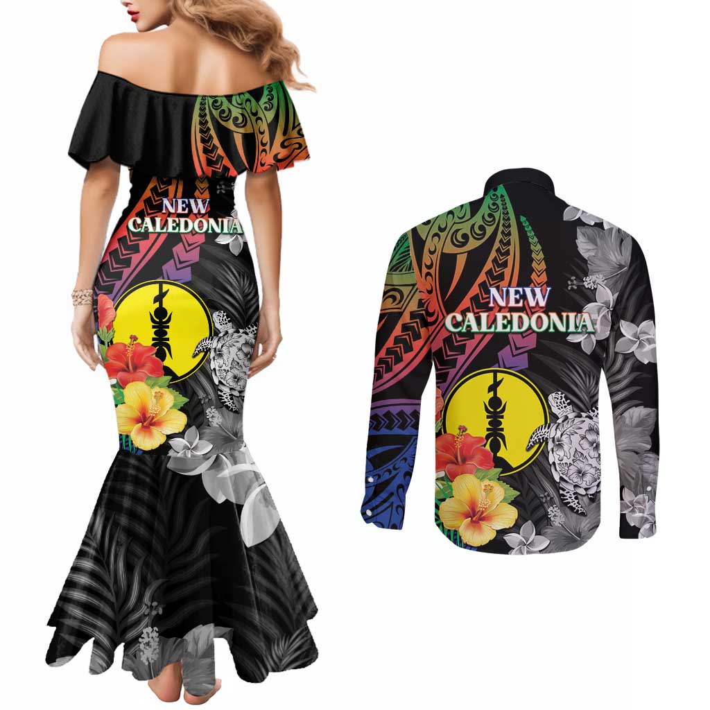 New Caledonia Bastille Day Couples Matching Mermaid Dress and Long Sleeve Button Shirt Tropical Turtle Hibiscus Polynesian Pattern