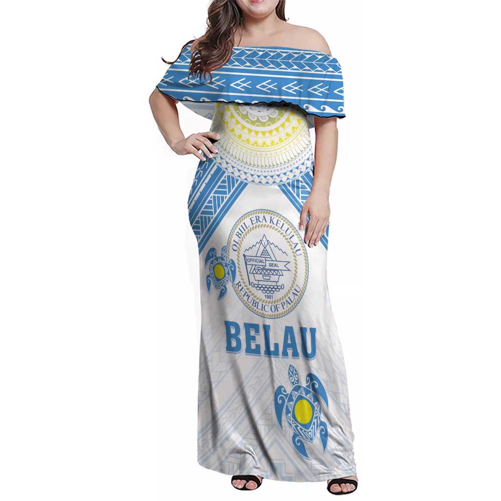 Personalised Palau Constitution Day Family Matching Off Shoulder Maxi Dress and Hawaiian Shirt Polynesian Turtle