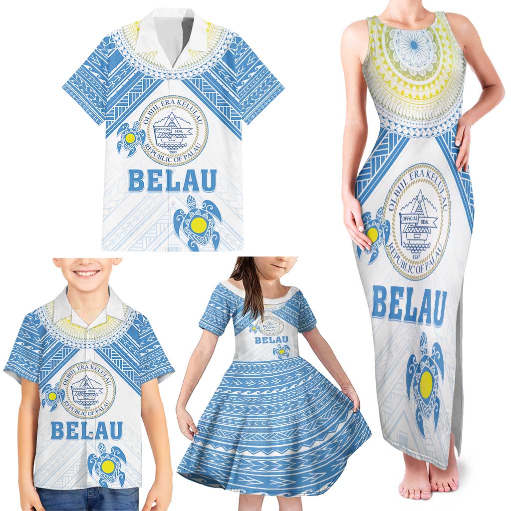 Personalised Palau Constitution Day Family Matching Tank Maxi Dress and Hawaiian Shirt Polynesian Turtle