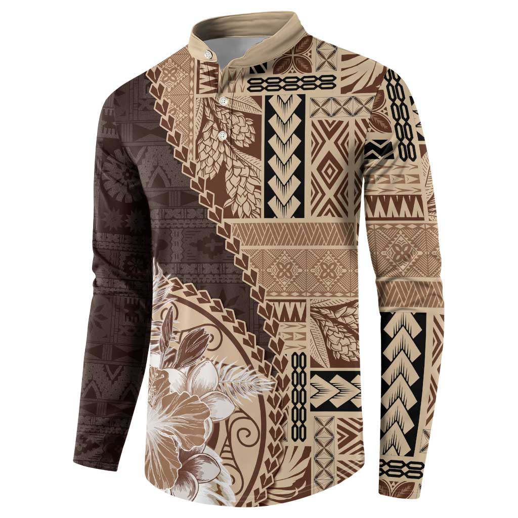 Samoa Siapo Elegant Button Sweatshirt Hibiscus Chocolate Brown Motifs - Polynesian Pride