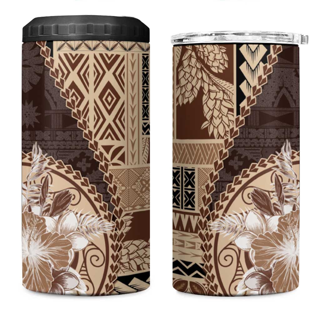 Samoa Siapo Elegant 4 in 1 Can Cooler Tumbler Hibiscus Chocolate Brown Motifs - Polynesian Pride
