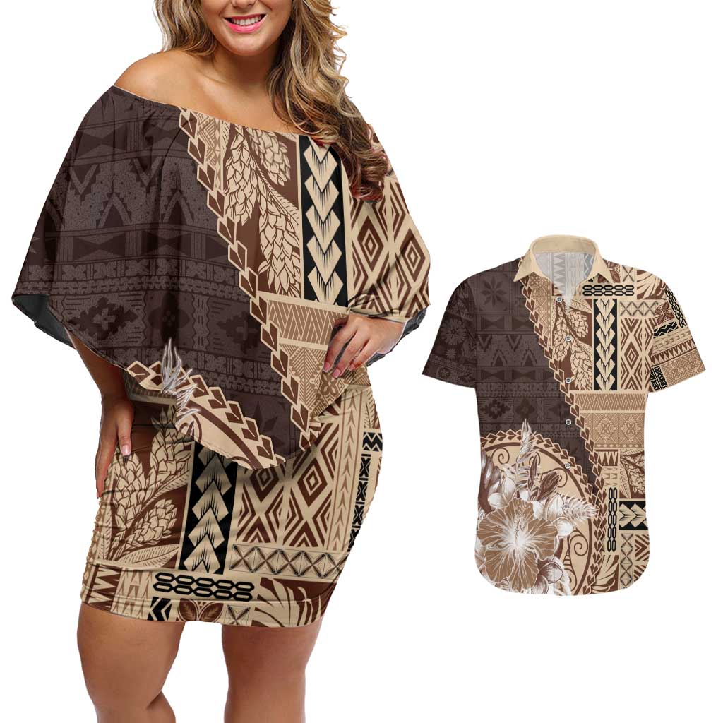 Samoa Siapo Elegant Couples Matching Off Shoulder Short Dress and Hawaiian Shirt Hibiscus Chocolate Brown Motifs - Polynesian Pride