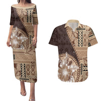 Samoa Siapo Elegant Couples Matching Puletasi and Hawaiian Shirt Hibiscus Chocolate Brown Motifs - Polynesian Pride