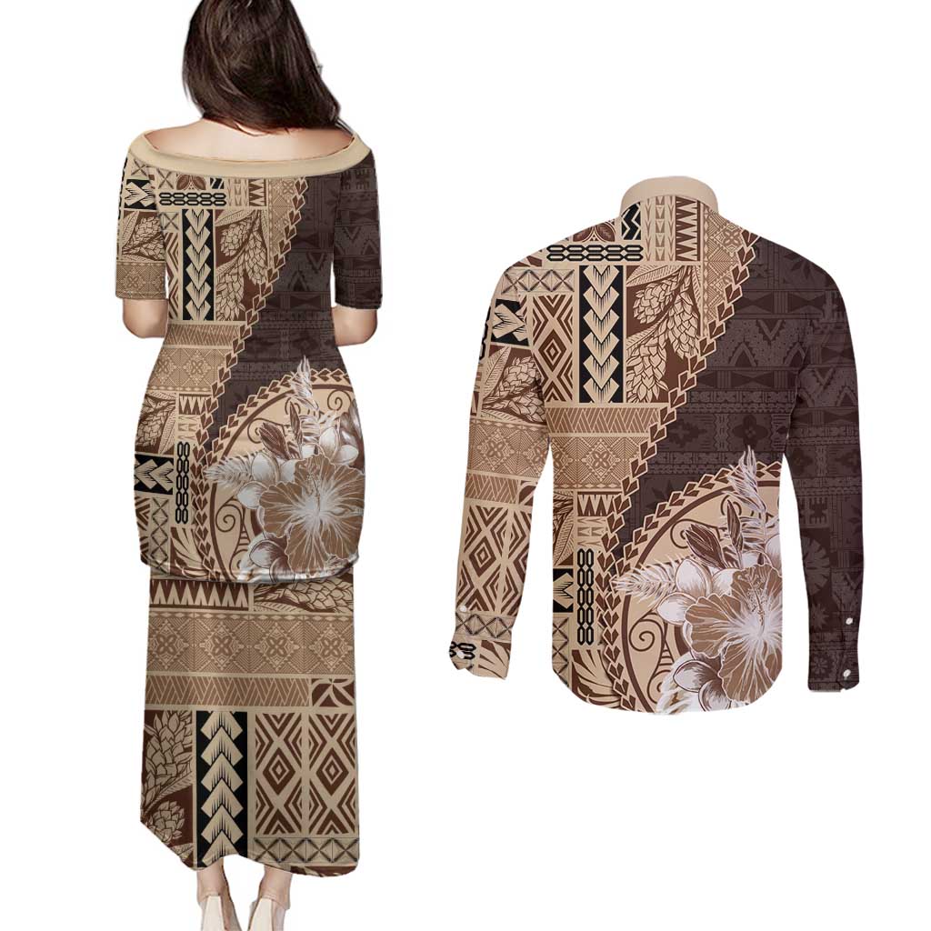 Samoa Siapo Elegant Couples Matching Puletasi and Long Sleeve Button Shirt Hibiscus Chocolate Brown Motifs - Polynesian Pride