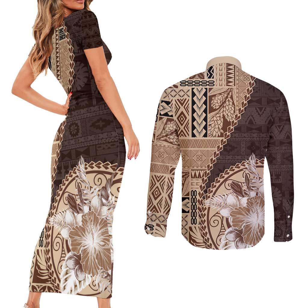 Samoa Siapo Elegant Couples Matching Short Sleeve Bodycon Dress and Long Sleeve Button Shirt Hibiscus Chocolate Brown Motifs - Polynesian Pride