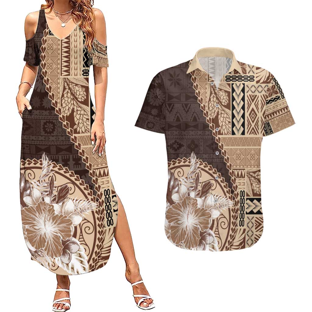 Samoa Siapo Elegant Couples Matching Summer Maxi Dress and Hawaiian Shirt Hibiscus Chocolate Brown Motifs - Polynesian Pride