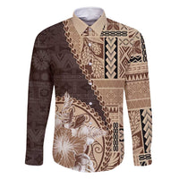 Samoa Siapo Elegant Family Matching Long Sleeve Bodycon Dress and Hawaiian Shirt Hibiscus Chocolate Brown Motifs - Polynesian Pride