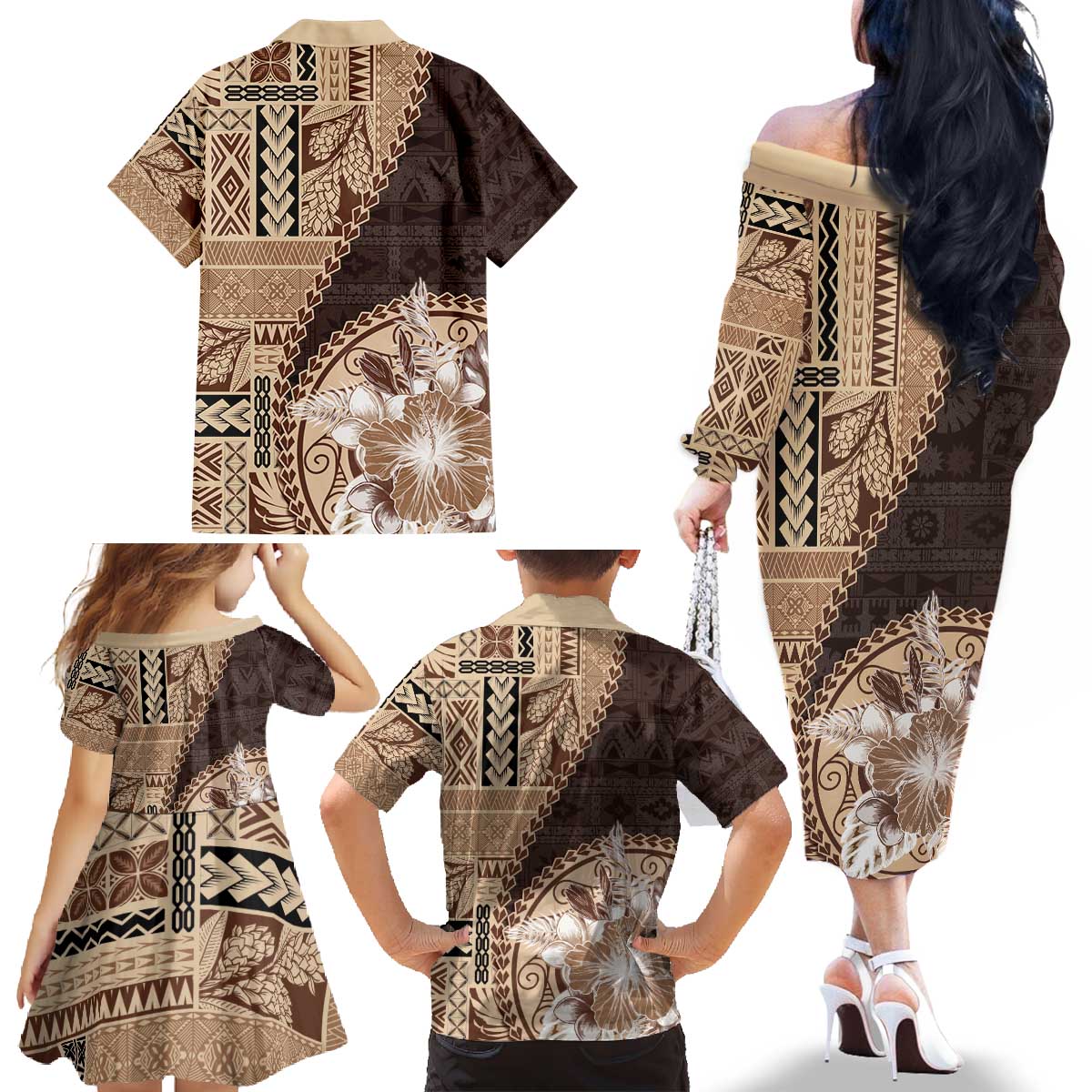 Samoa Siapo Elegant Family Matching Off The Shoulder Long Sleeve Dress and Hawaiian Shirt Hibiscus Chocolate Brown Motifs - Polynesian Pride