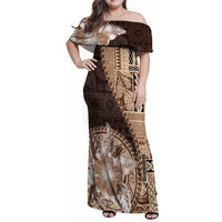 Samoa Siapo Elegant Family Matching Off Shoulder Maxi Dress and Hawaiian Shirt Hibiscus Chocolate Brown Motifs - Polynesian Pride