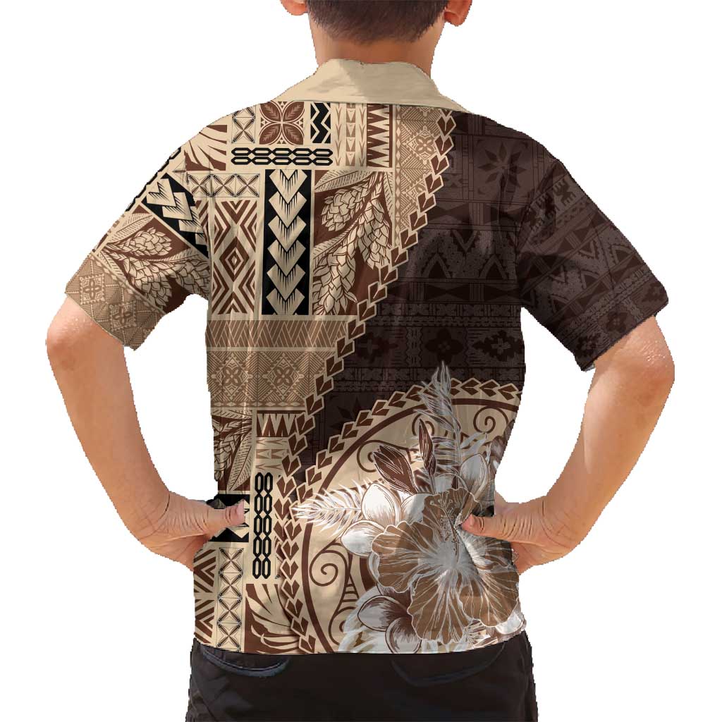 Samoa Siapo Elegant Family Matching Off Shoulder Short Dress and Hawaiian Shirt Hibiscus Chocolate Brown Motifs - Polynesian Pride