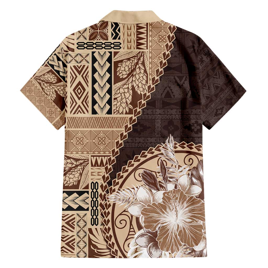 Samoa Siapo Elegant Family Matching Off Shoulder Short Dress and Hawaiian Shirt Hibiscus Chocolate Brown Motifs - Polynesian Pride