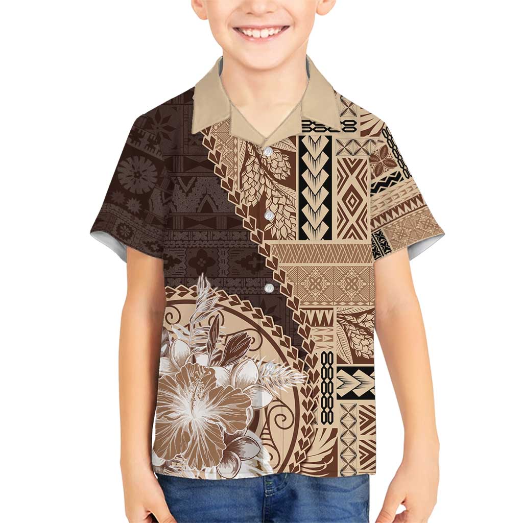 Samoa Siapo Elegant Family Matching Tank Maxi Dress and Hawaiian Shirt Hibiscus Chocolate Brown Motifs - Polynesian Pride