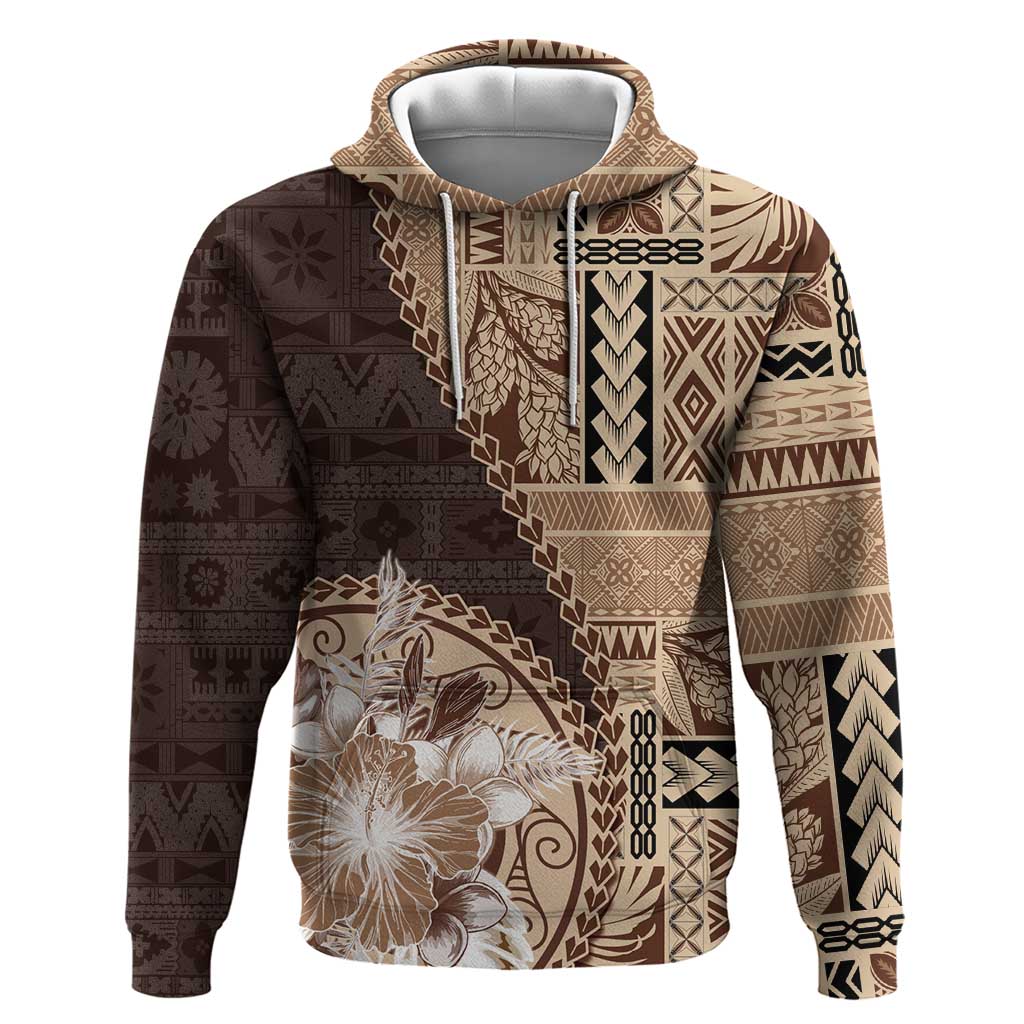 Samoa Siapo Elegant Hoodie Hibiscus Chocolate Brown Motifs - Polynesian Pride