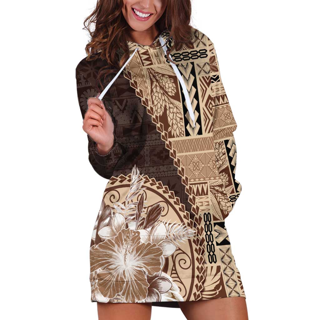 Samoa Siapo Elegant Hoodie Dress Hibiscus Chocolate Brown Motifs - Polynesian Pride