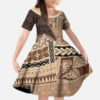 Samoa Siapo Elegant Kid Short Sleeve Dress Hibiscus Chocolate Brown Motifs LT05 KID Brown - Polynesian Pride
