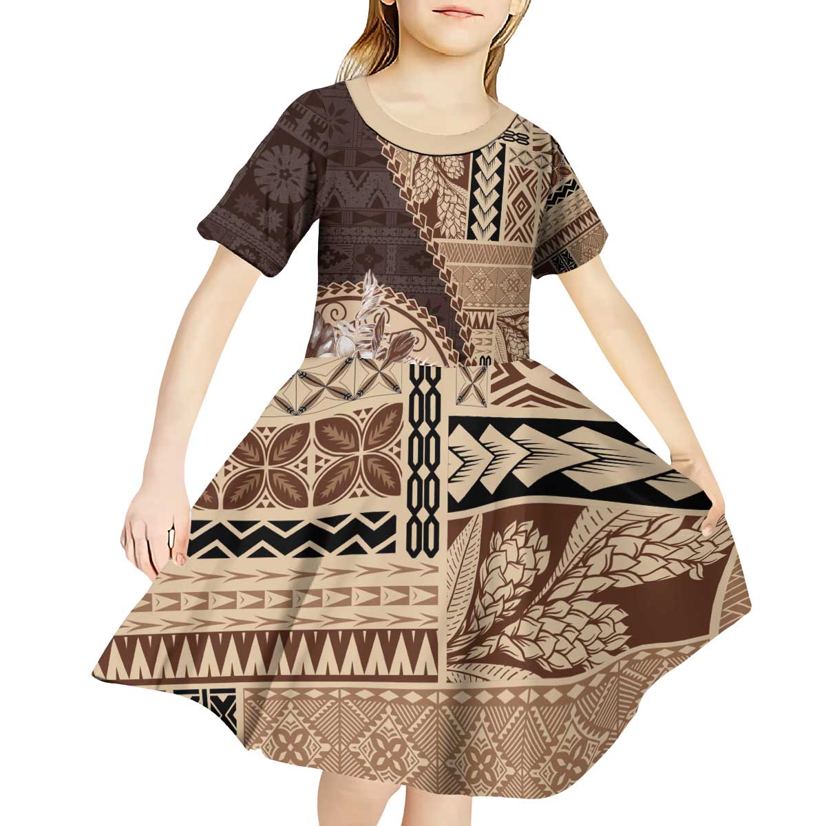 Samoa Siapo Elegant Kid Short Sleeve Dress Hibiscus Chocolate Brown Motifs LT05 - Polynesian Pride