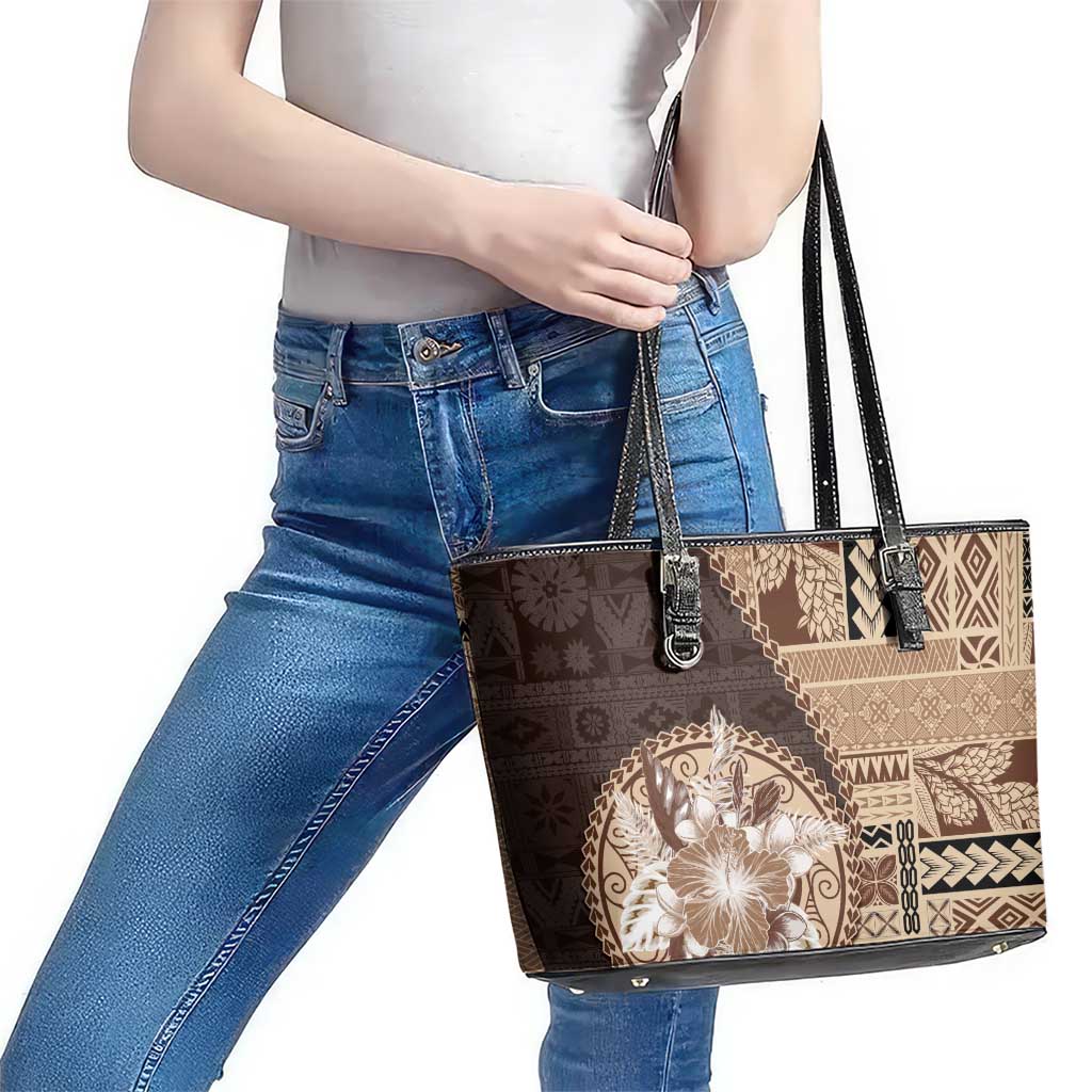 Samoa Siapo Elegant Leather Tote Bag Hibiscus Chocolate Brown Motifs - Polynesian Pride