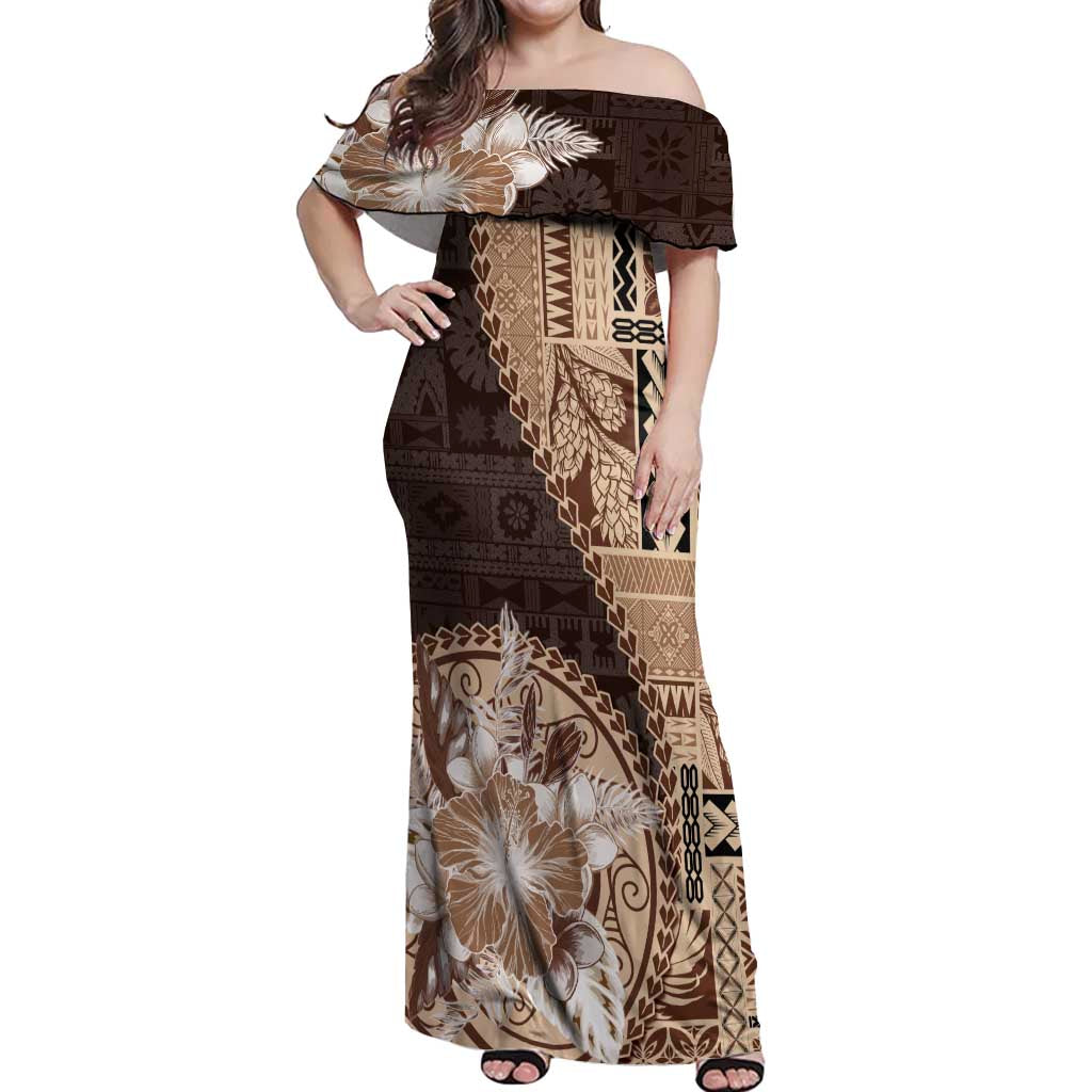 Samoa Siapo Elegant Off Shoulder Maxi Dress Hibiscus Chocolate Brown Motifs - Polynesian Pride