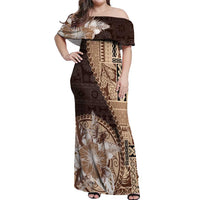 Samoa Siapo Elegant Off Shoulder Maxi Dress Hibiscus Chocolate Brown Motifs - Polynesian Pride