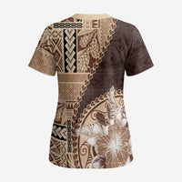 Samoa Siapo Elegant Scrub Top Hibiscus Chocolate Brown Motifs LT05 - Polynesian Pride