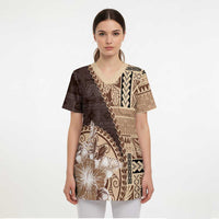 Samoa Siapo Elegant Scrub Top Hibiscus Chocolate Brown Motifs LT05 - Polynesian Pride