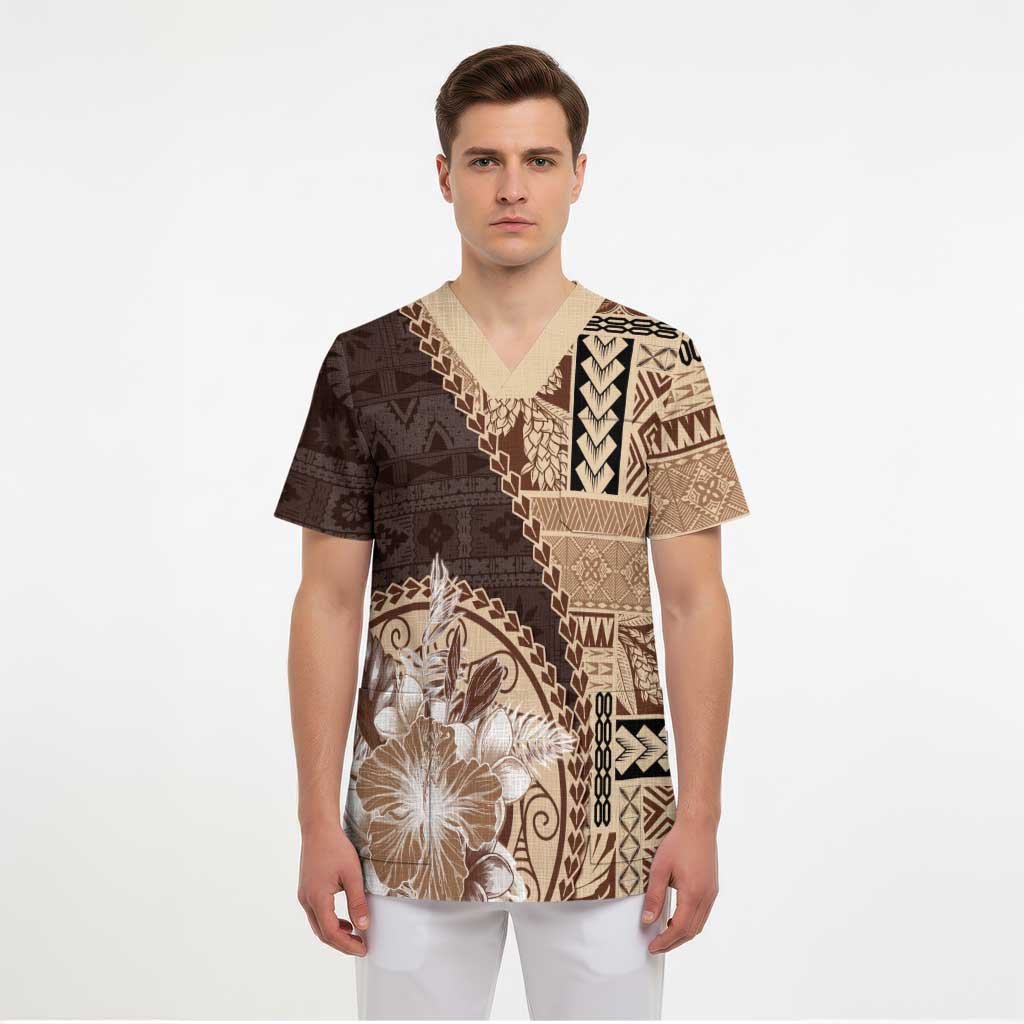 Samoa Siapo Elegant Scrub Top Hibiscus Chocolate Brown Motifs LT05 - Polynesian Pride