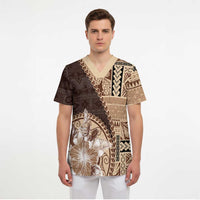Samoa Siapo Elegant Scrub Top Hibiscus Chocolate Brown Motifs LT05 - Polynesian Pride