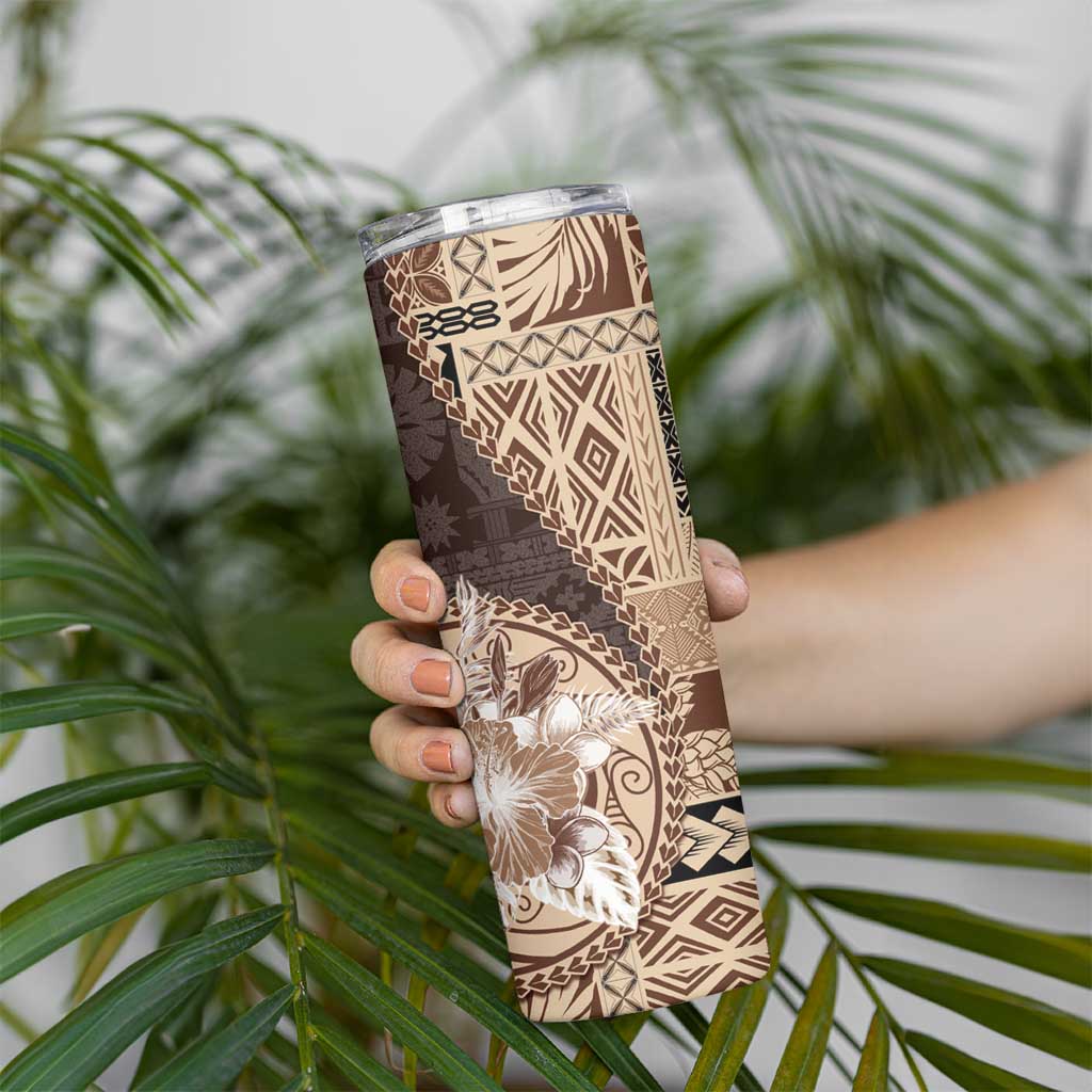 Samoa Siapo Elegant Skinny Tumbler Hibiscus Chocolate Brown Motifs - Polynesian Pride