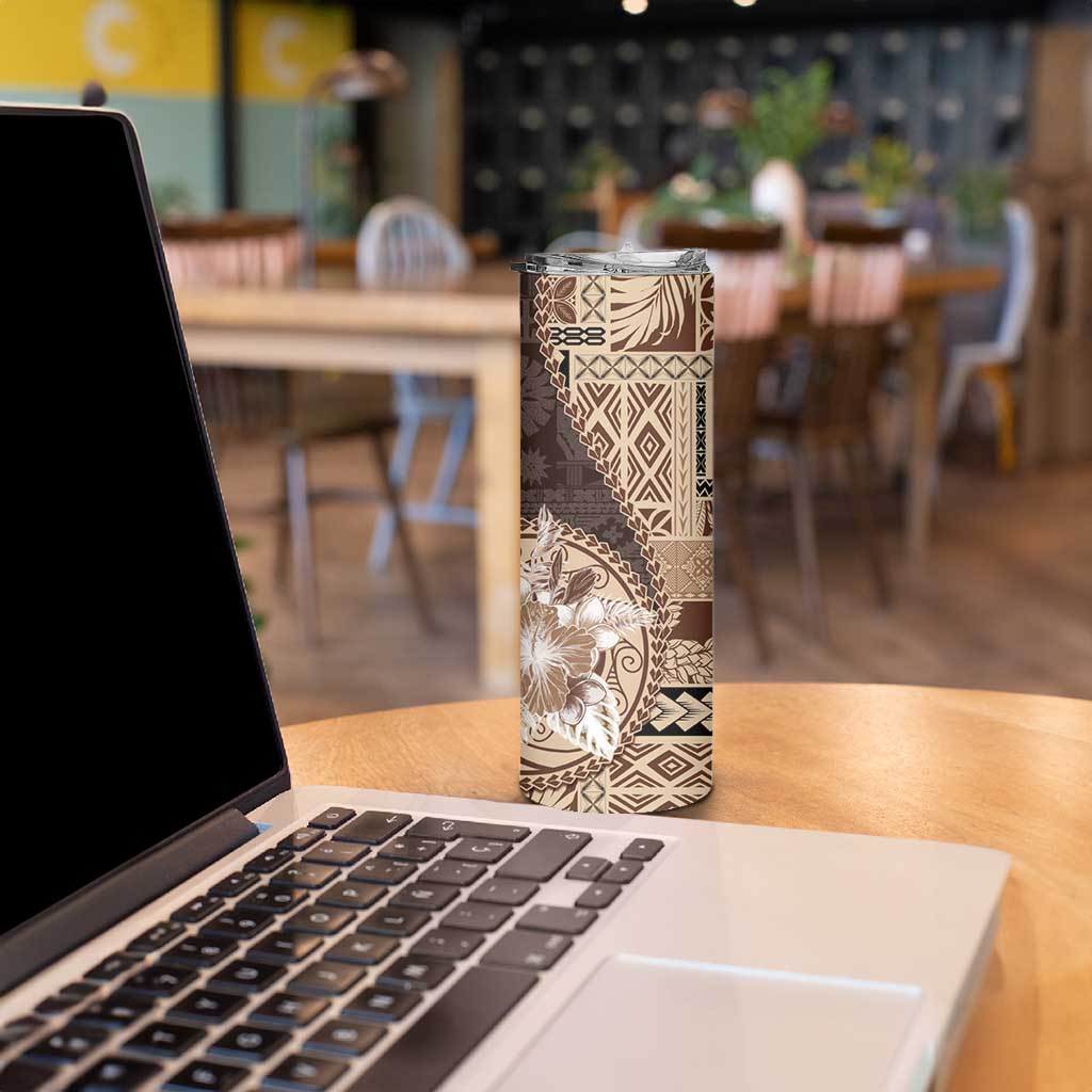Samoa Siapo Elegant Skinny Tumbler Hibiscus Chocolate Brown Motifs - Polynesian Pride