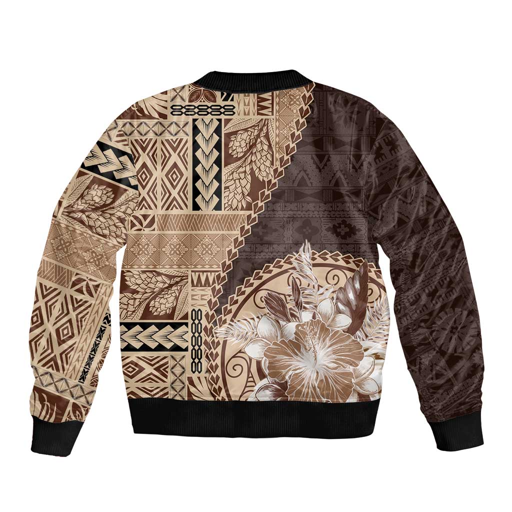 Samoa Siapo Elegant Sleeve Zip Bomber Jacket Hibiscus Chocolate Brown Motifs - Polynesian Pride