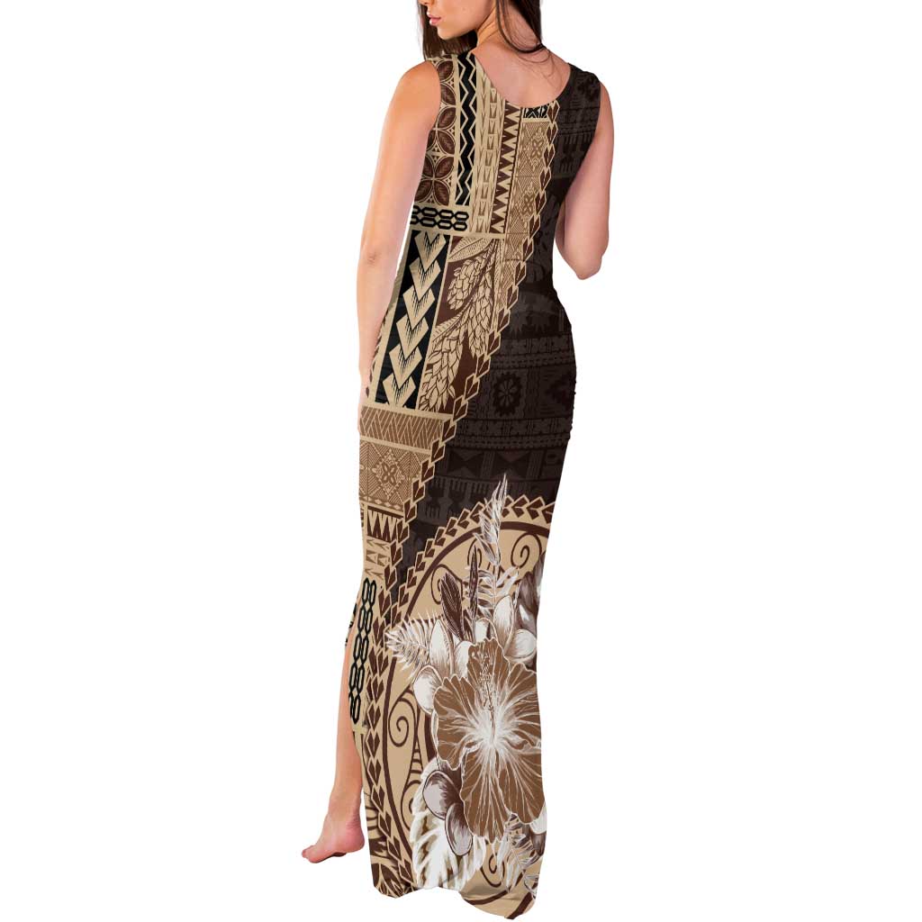 Samoa Siapo Elegant Tank Maxi Dress Hibiscus Chocolate Brown Motifs - Polynesian Pride