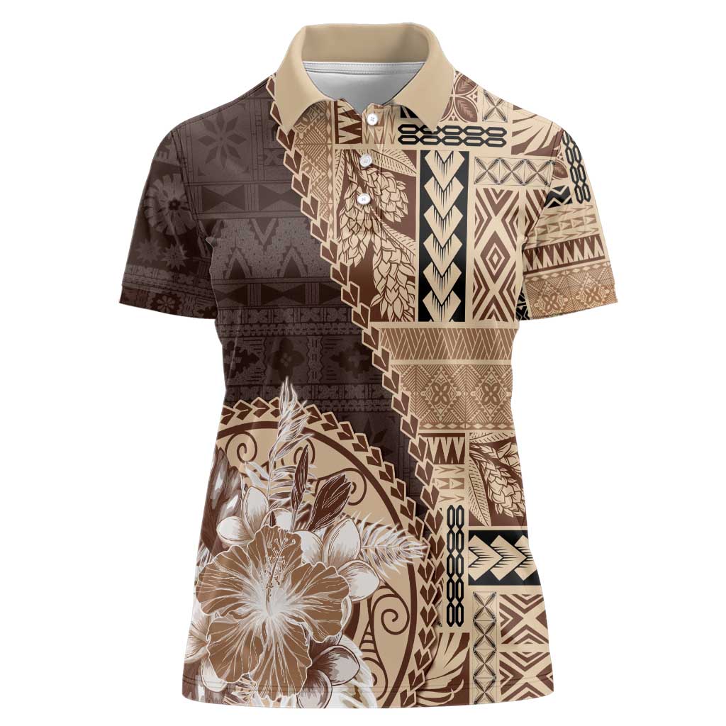 Samoa Siapo Elegant Women Polo Shirt Hibiscus Chocolate Brown Motifs - Polynesian Pride