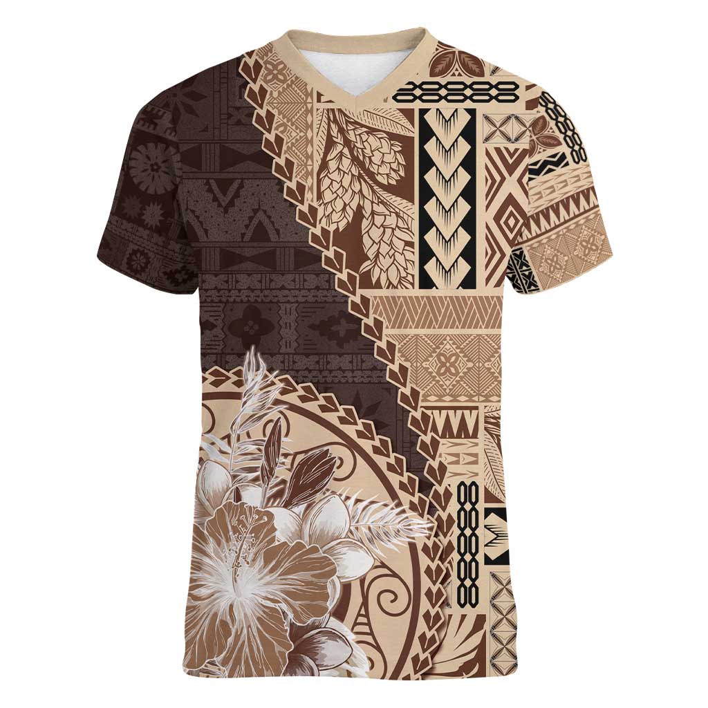 Samoa Siapo Elegant Women V-Neck T-Shirt Hibiscus Chocolate Brown Motifs - Polynesian Pride