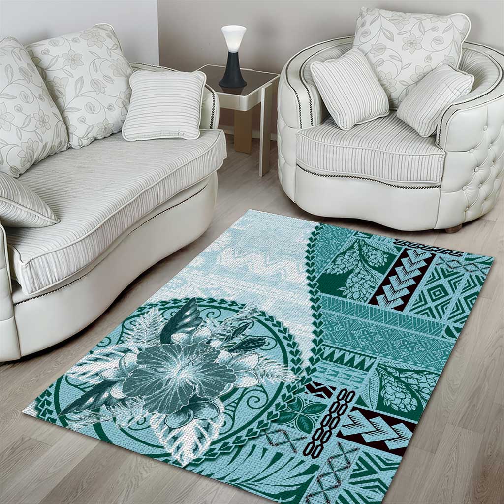 Samoa Siapo Elegant Area Rug Hibiscus Teal Motifs - Polynesian Pride