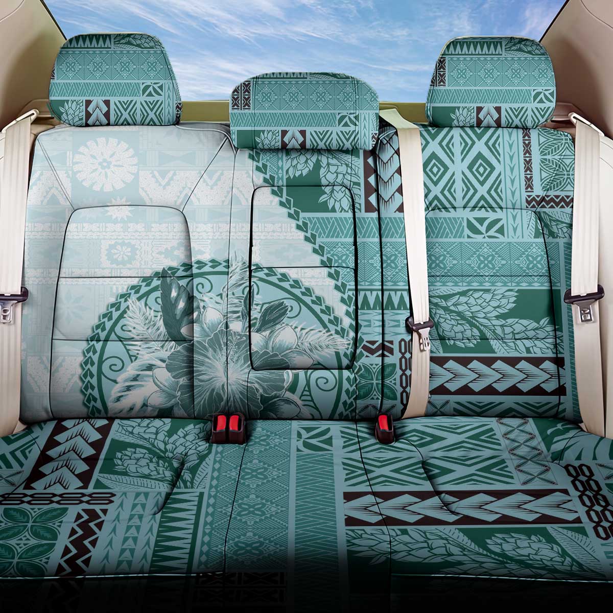 Samoa Siapo Elegant Back Car Seat Cover Hibiscus Teal Motifs - Polynesian Pride
