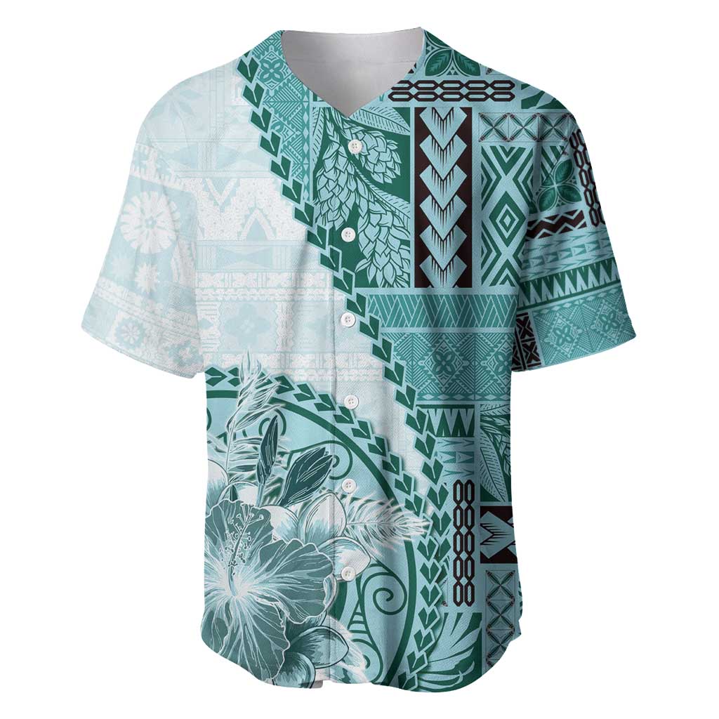 Samoa Siapo Elegant Baseball Jersey Hibiscus Teal Motifs - Polynesian Pride