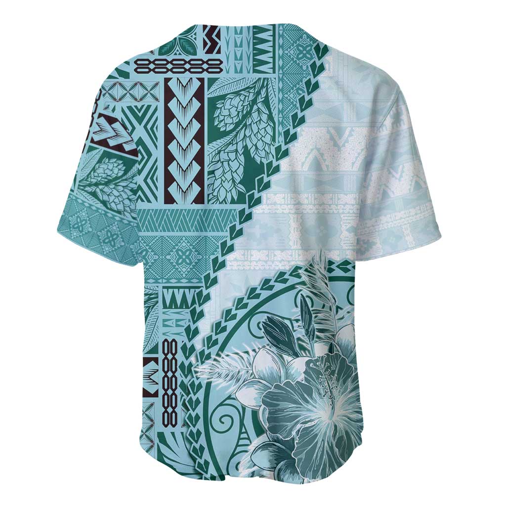 Samoa Siapo Elegant Baseball Jersey Hibiscus Teal Motifs - Polynesian Pride