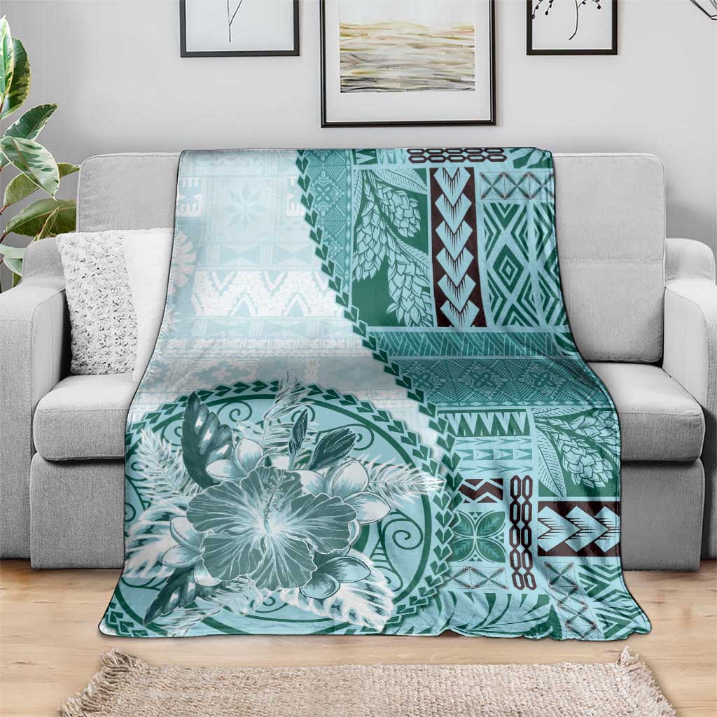 Samoa Siapo Elegant Blanket Hibiscus Teal Motifs - Polynesian Pride