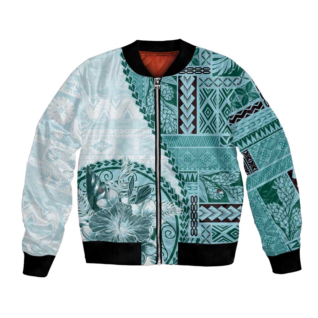 Samoa Siapo Elegant Bomber Jacket Hibiscus Teal Motifs - Polynesian Pride