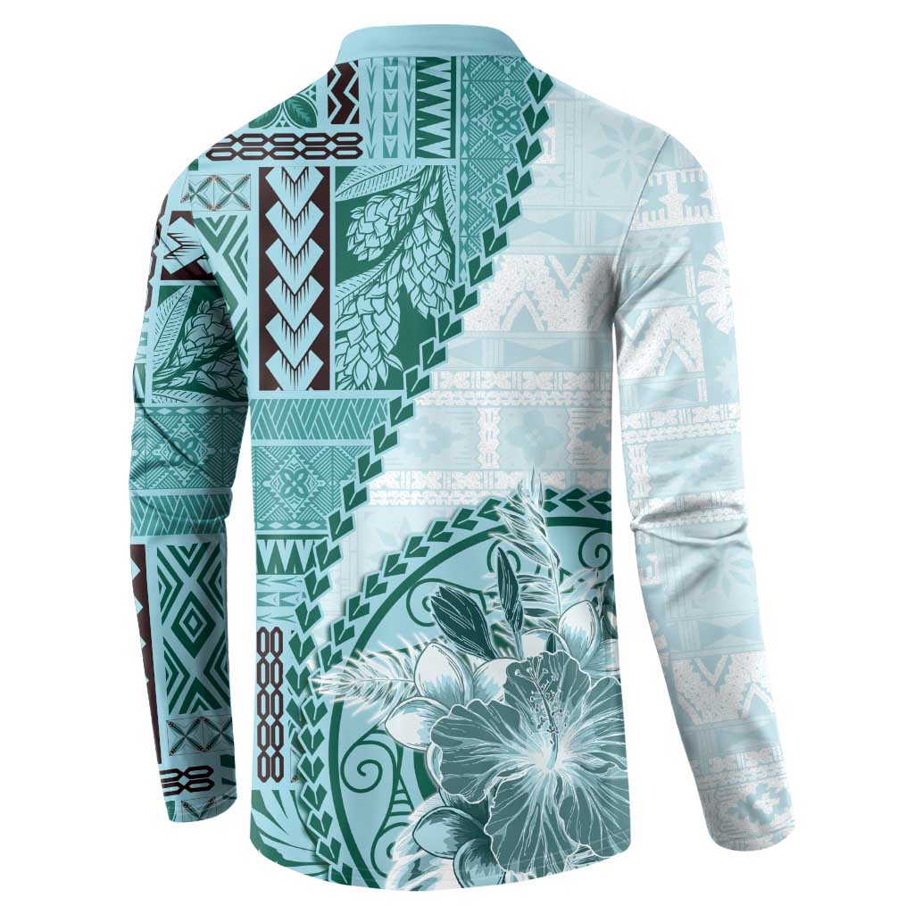 Samoa Siapo Elegant Button Sweatshirt Hibiscus Teal Motifs - Polynesian Pride
